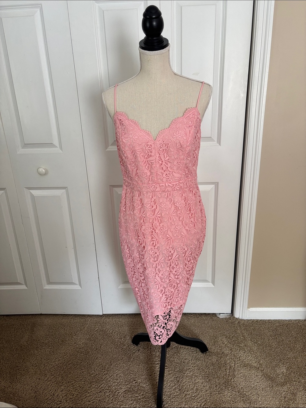 J. Crew Pink Lace Midi Dress with Spaghetti Straps